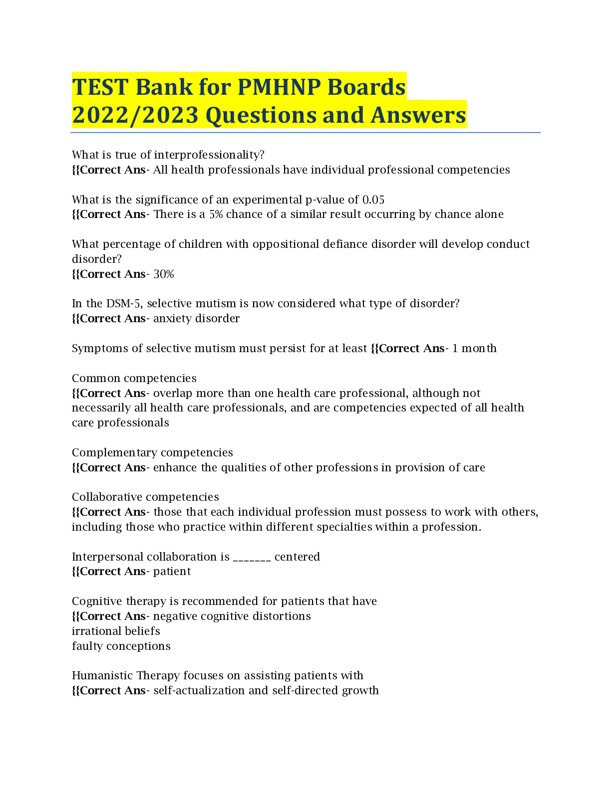 Preview image for TEST Bank for PMHNP Boards 2022/2023 (2000 Questions and Answers